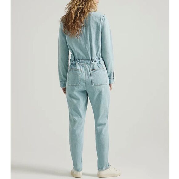 NWT Free People Lee Union-Alls Jean Jumpsuit Vibrant Blue Stripe - Picture 3 of 10